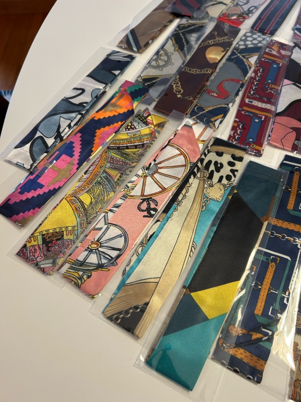 Lot of Skinny Satin Scarf Scarves 32 piece Bundle Mixed Color Designs Brand New! - Picture 2 of 15
